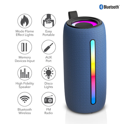 RCA FLEX-4 NAVY Mini Bazooka-Style Bluetooth Party Speaker with Flame-Effect LEDs