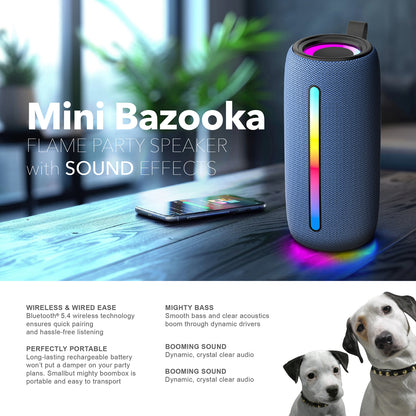 RCA FLEX-4 NAVY Mini Bazooka-Style Bluetooth Party Speaker with Flame-Effect LEDs
