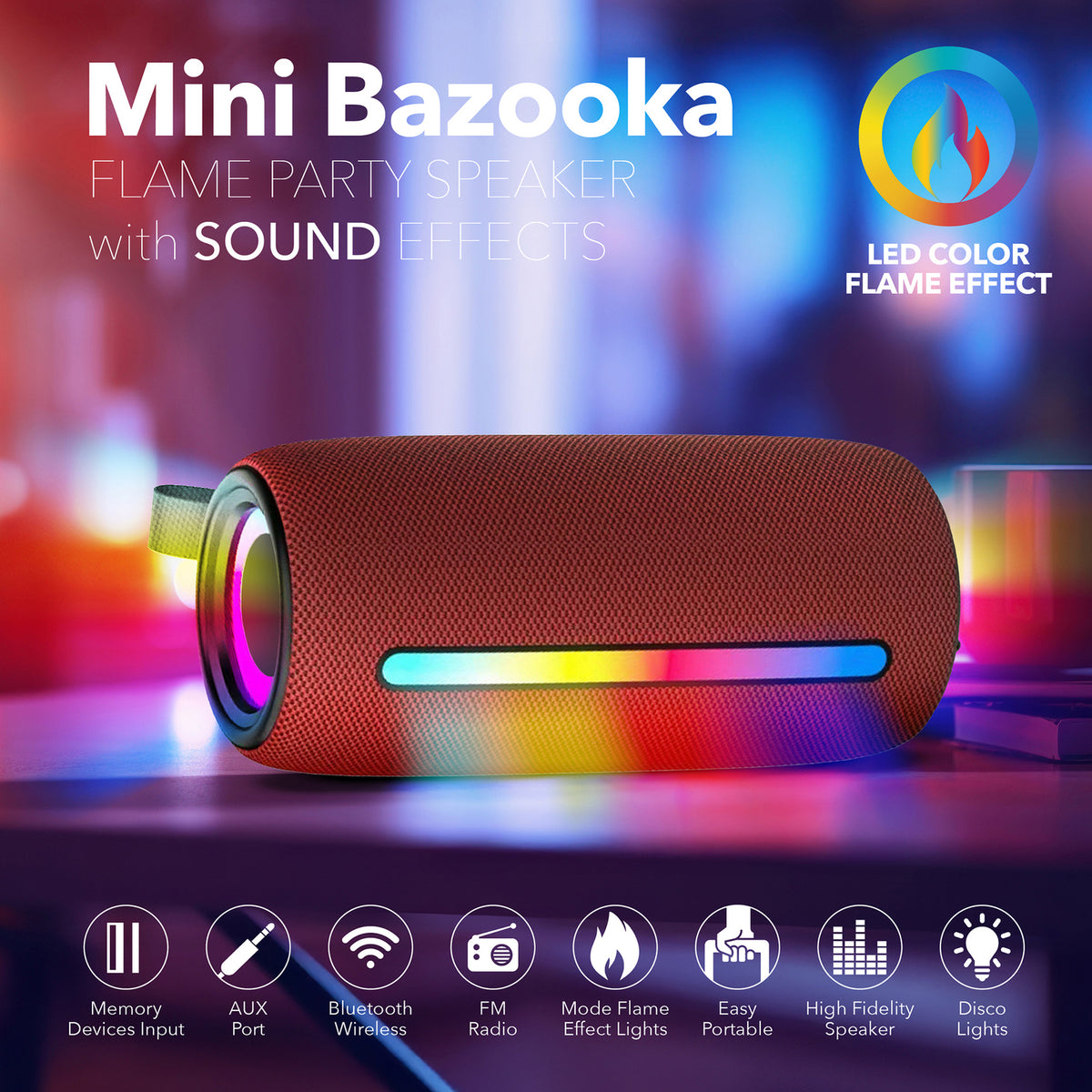 RCA FLEX-4 RED Mini Bazooka Party Speaker with Bluetooth and Flame-Effect LED Lighting