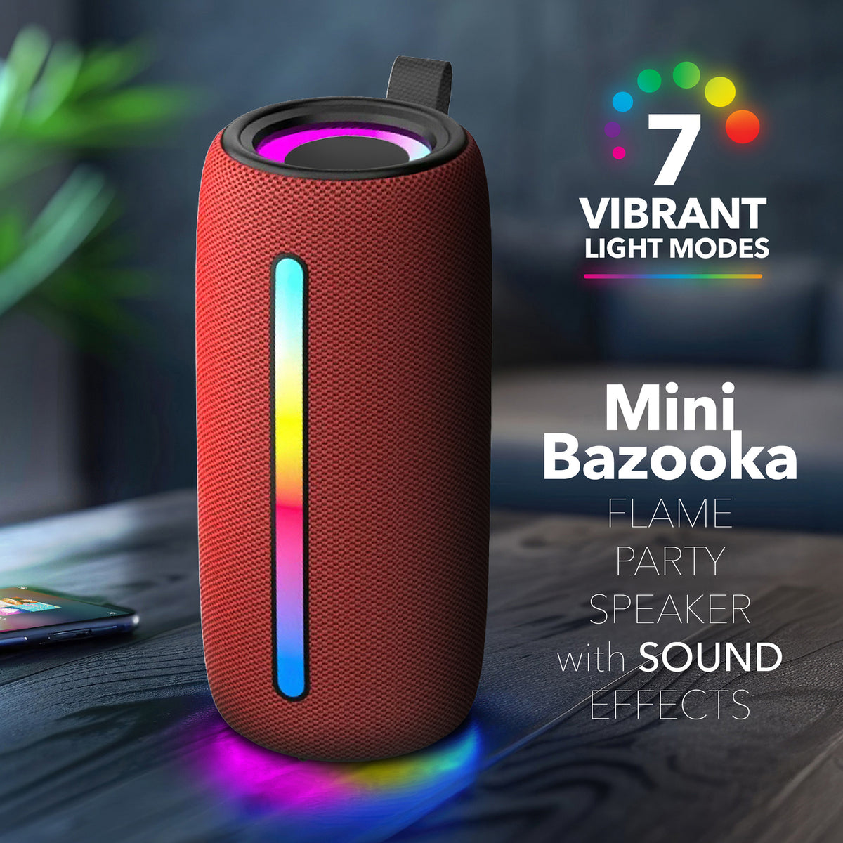 RCA FLEX-4 RED Mini Bazooka Party Speaker with Bluetooth and Flame-Effect LED Lighting