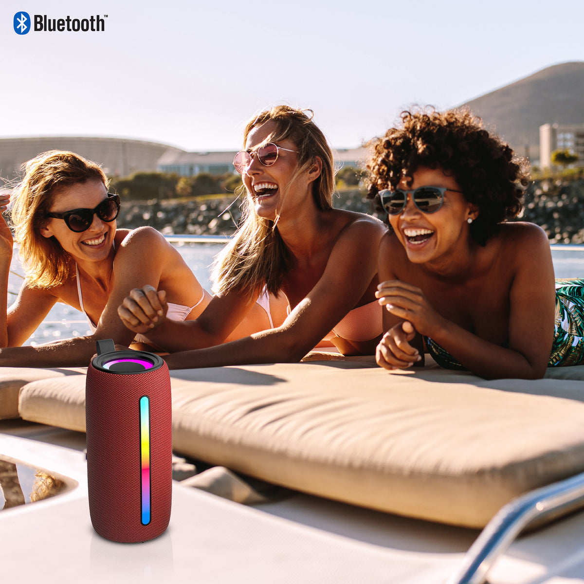 RCA FLEX-4 RED Mini Bazooka Party Speaker with Bluetooth and Flame-Effect LED Lighting