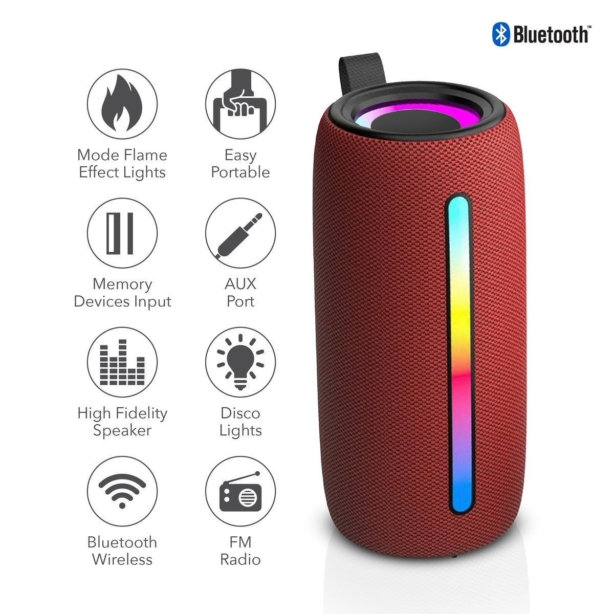 RCA FLEX-4 RED Mini Bazooka Party Speaker with Bluetooth and Flame-Effect LED Lighting