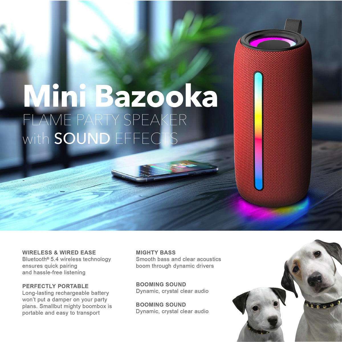 RCA FLEX-4 RED Mini Bazooka Party Speaker with Bluetooth and Flame-Effect LED Lighting