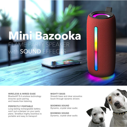 RCA FLEX-4 RED Mini Bazooka Party Speaker with Bluetooth and Flame-Effect LED Lighting