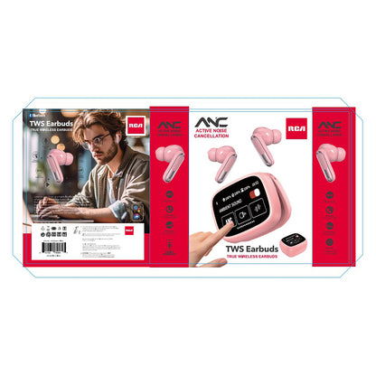 RCA WAVE-45-PINK True Wireless Earbuds with ANC, Touch Controls and Charging Display