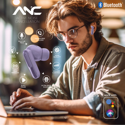 RCA WAVE-45PUR True Wireless Earbuds with Active Noise Cancellation, Purple