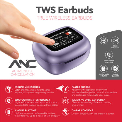 RCA WAVE-45PUR True Wireless Earbuds with Active Noise Cancellation, Purple