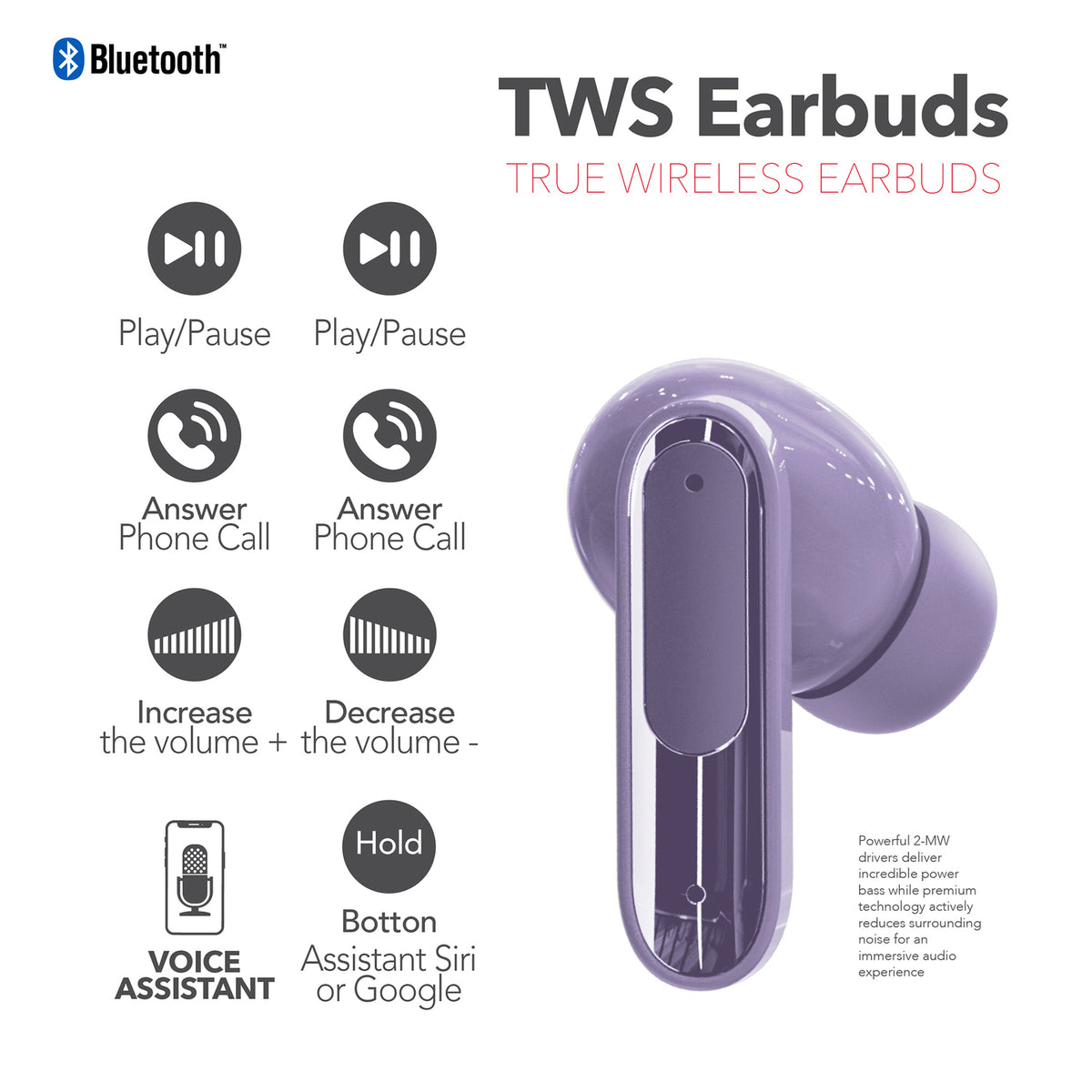 RCA WAVE-45PUR True Wireless Earbuds with Active Noise Cancellation, Purple
