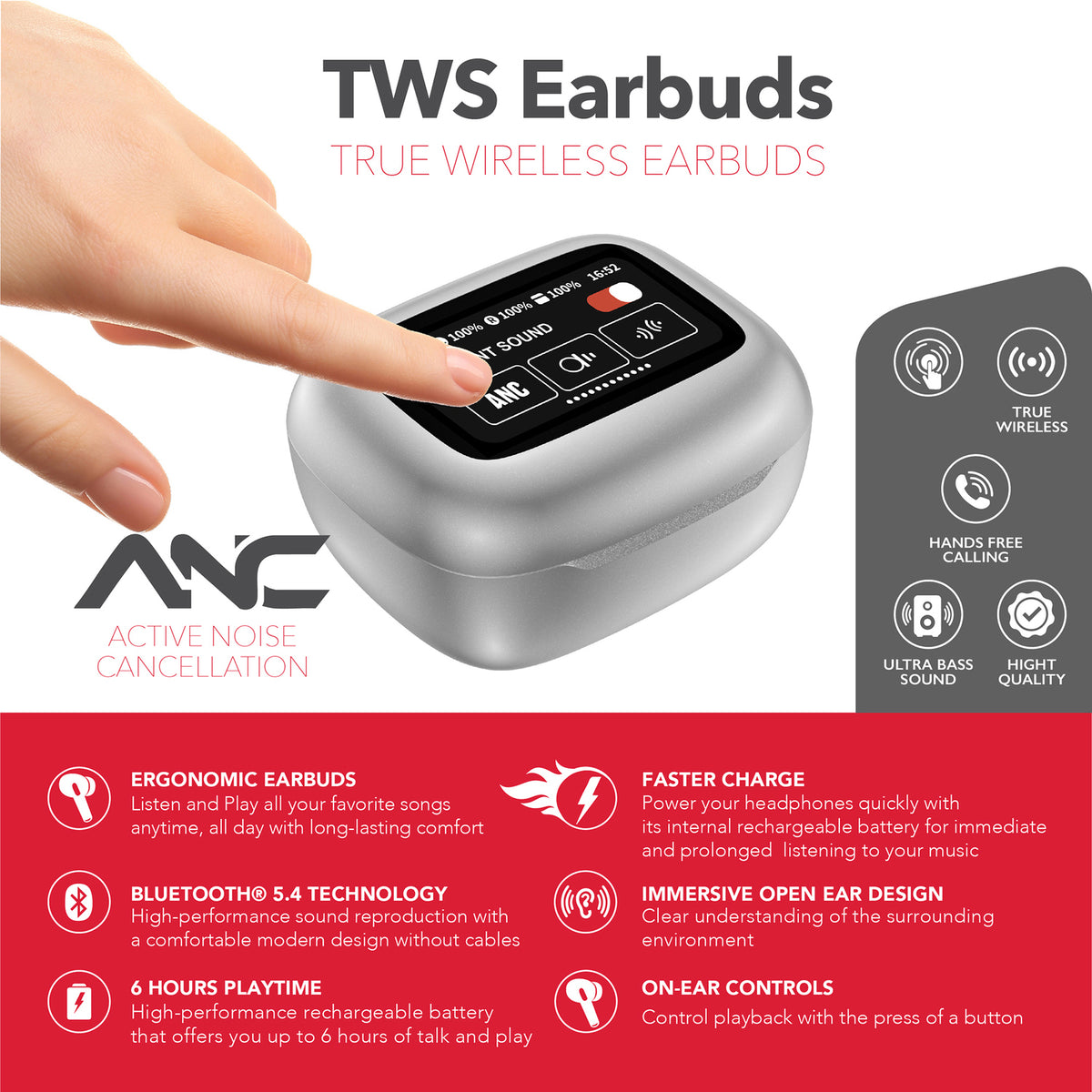 RCA WAVE-45WHT Wireless Touch Earbuds with Active Noise Cancellation, White