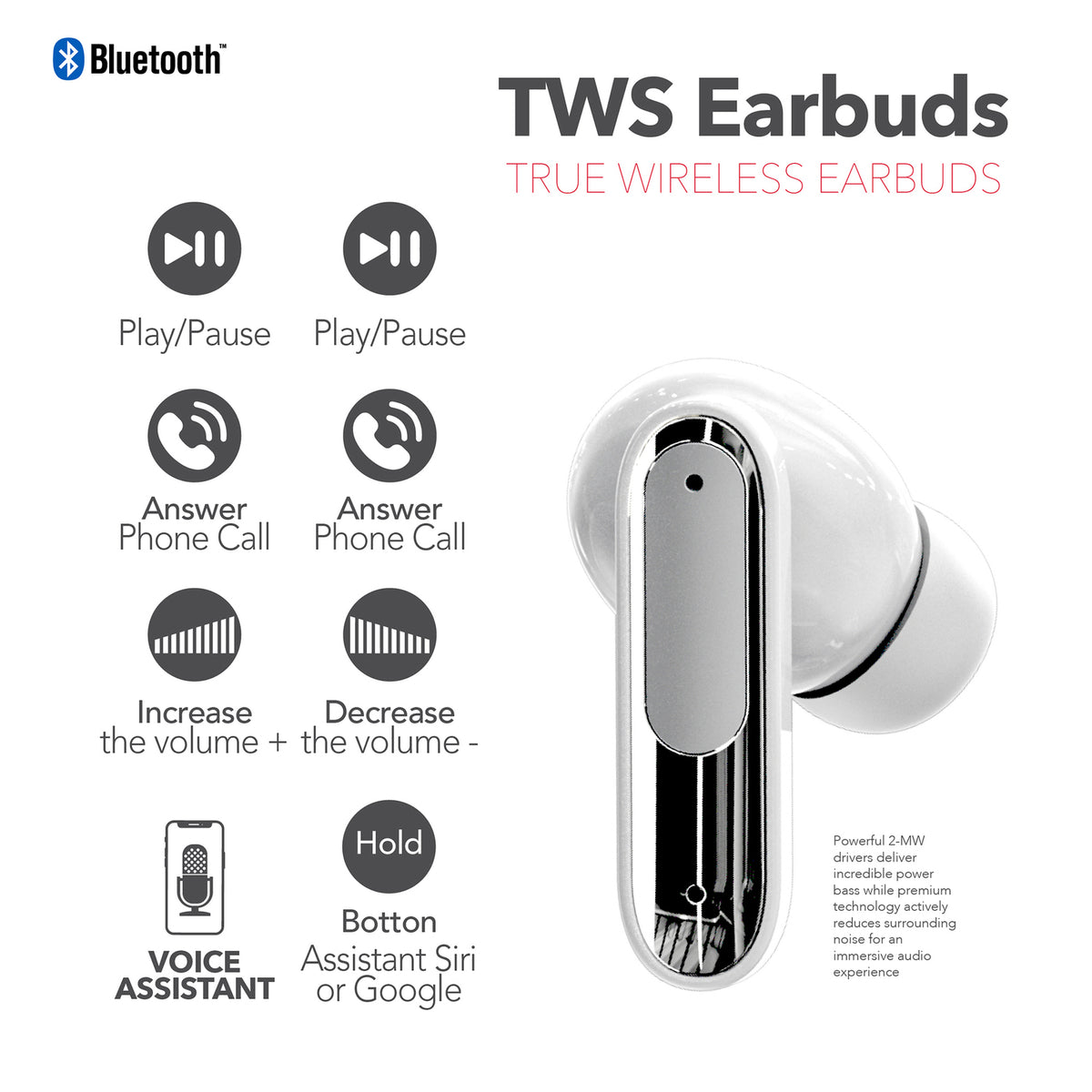 RCA WAVE-45WHT Wireless Touch Earbuds with Active Noise Cancellation, White