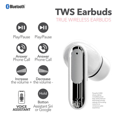 RCA WAVE-45WHT Wireless Touch Earbuds with Active Noise Cancellation, White