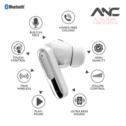 RCA WAVE-45WHT Wireless Touch Earbuds with Active Noise Cancellation, White