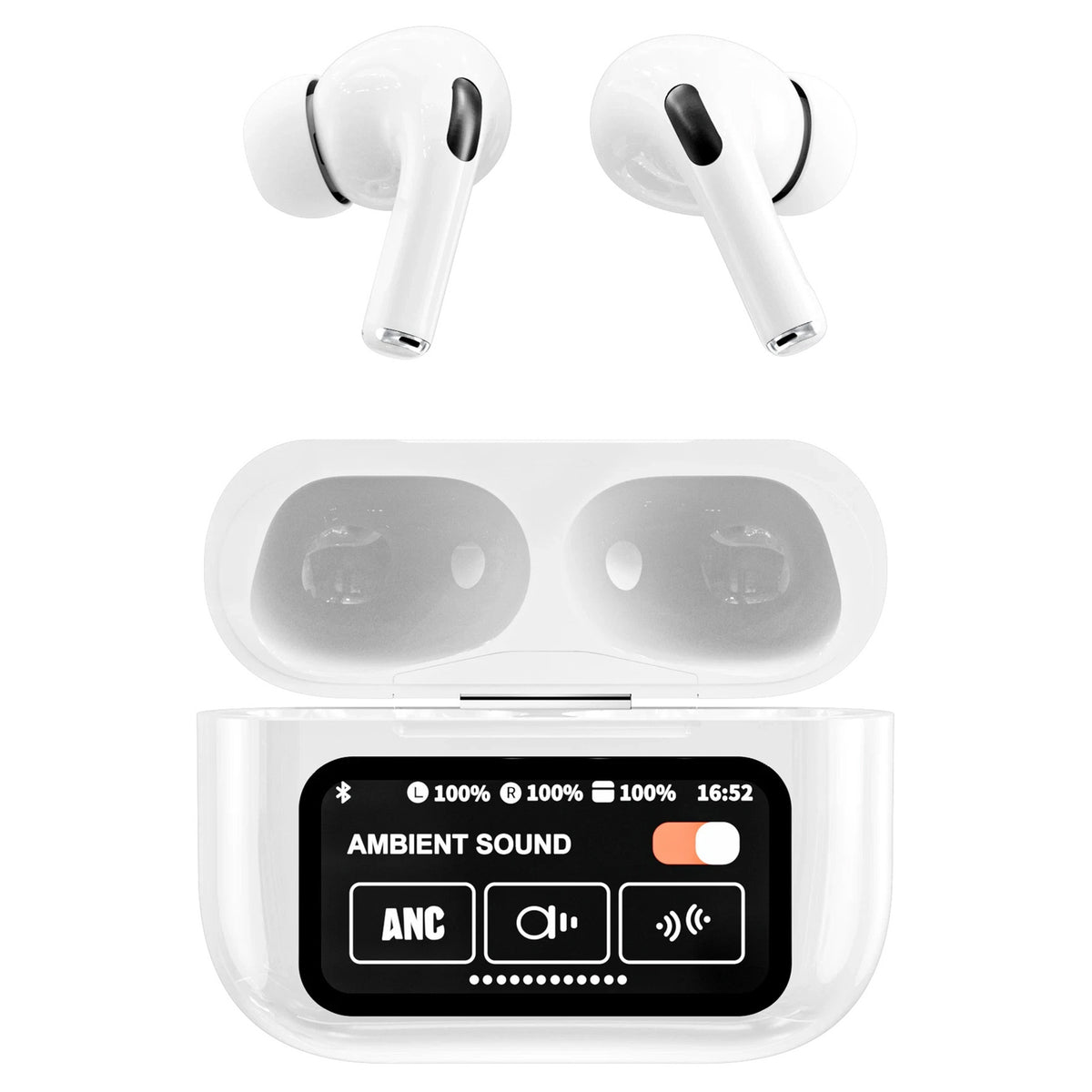 RCA WAVE-48WHITE True Wireless Bluetooth Earbuds with Charging Case and Display, White