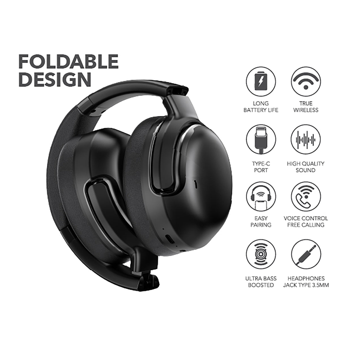 RCA WAVE-76BLACK Wireless Bluetooth 5.4 ANC Headphones with 40 mm Drivers, Black