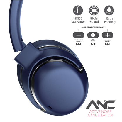 RCA WAVE-76NVY Wireless Bluetooth Headphones with Active Noise Cancellation, Navy