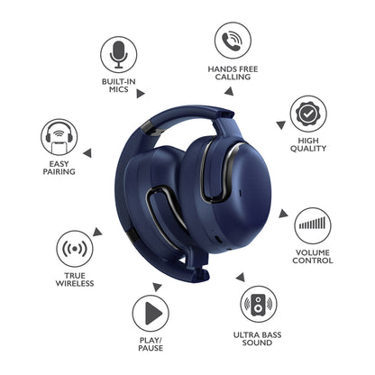 RCA WAVE-76NVY Wireless Bluetooth Headphones with Active Noise Cancellation, Navy
