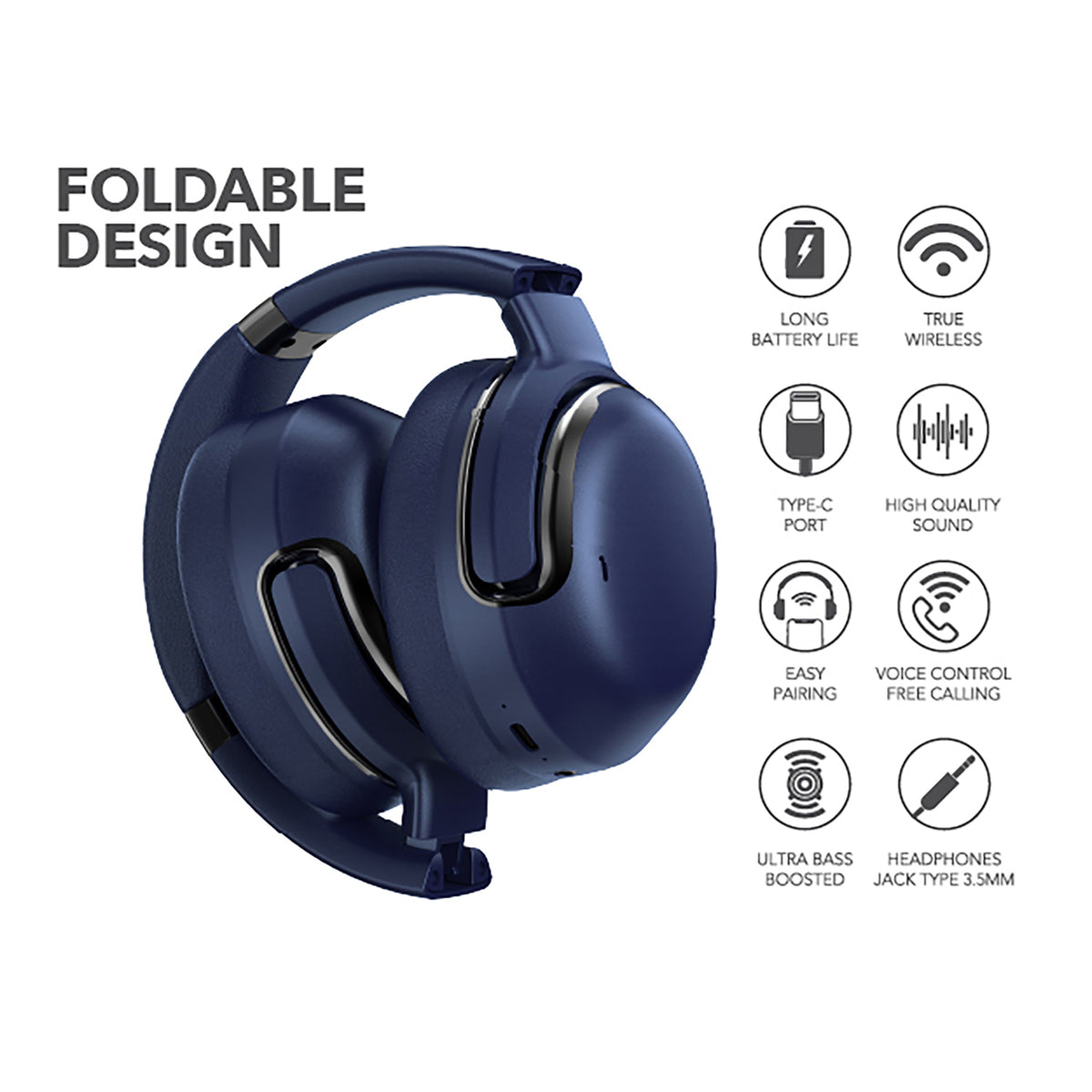 RCA WAVE-76NVY Wireless Bluetooth Headphones with Active Noise Cancellation, Navy