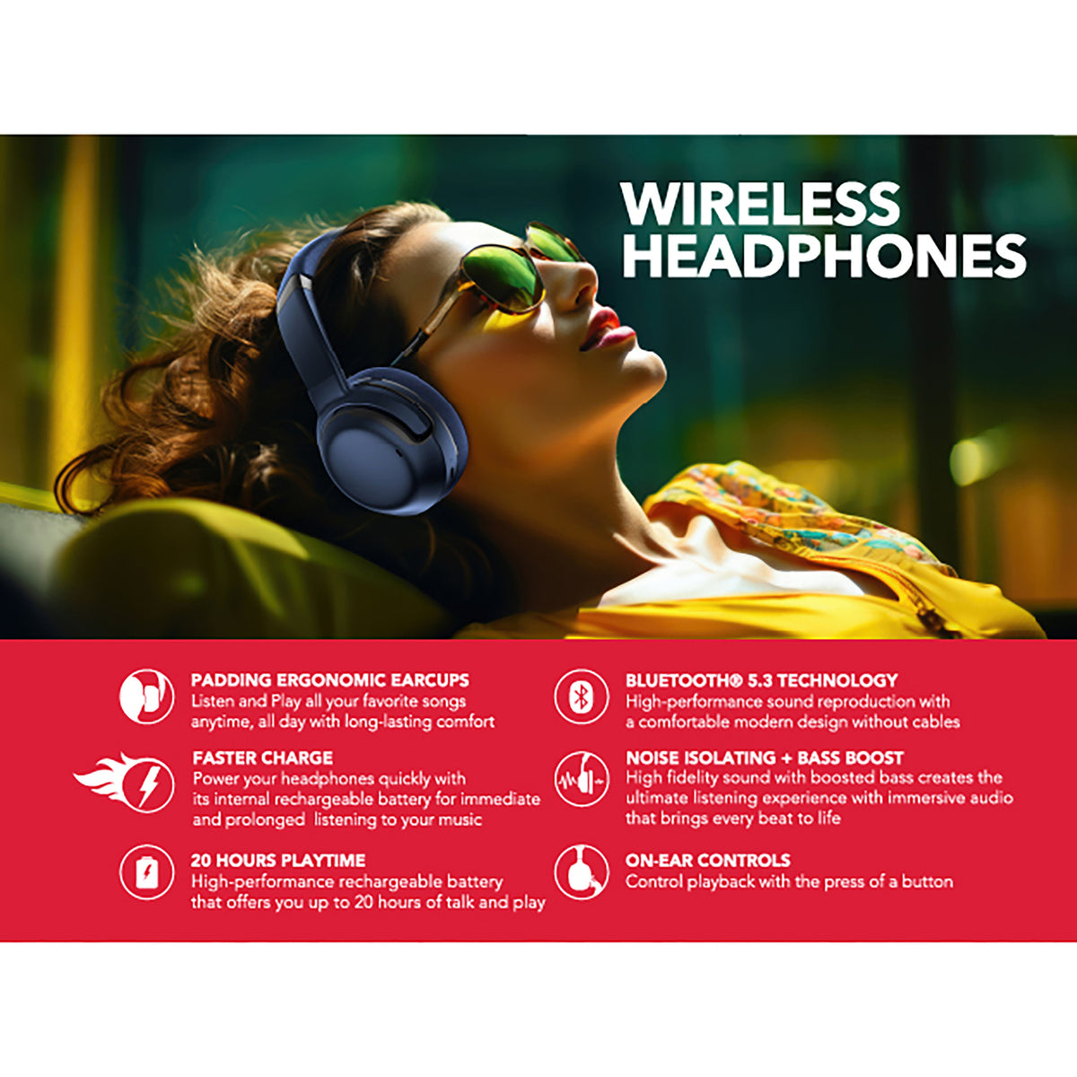 RCA WAVE-76NVY Wireless Bluetooth Headphones with Active Noise Cancellation, Navy