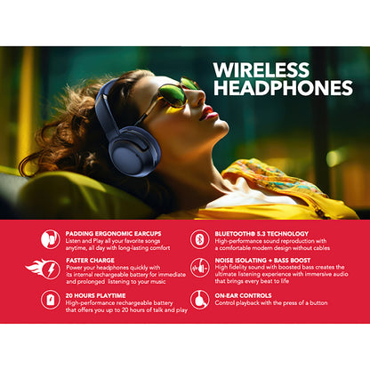 RCA WAVE-76NVY Wireless Bluetooth Headphones with Active Noise Cancellation, Navy