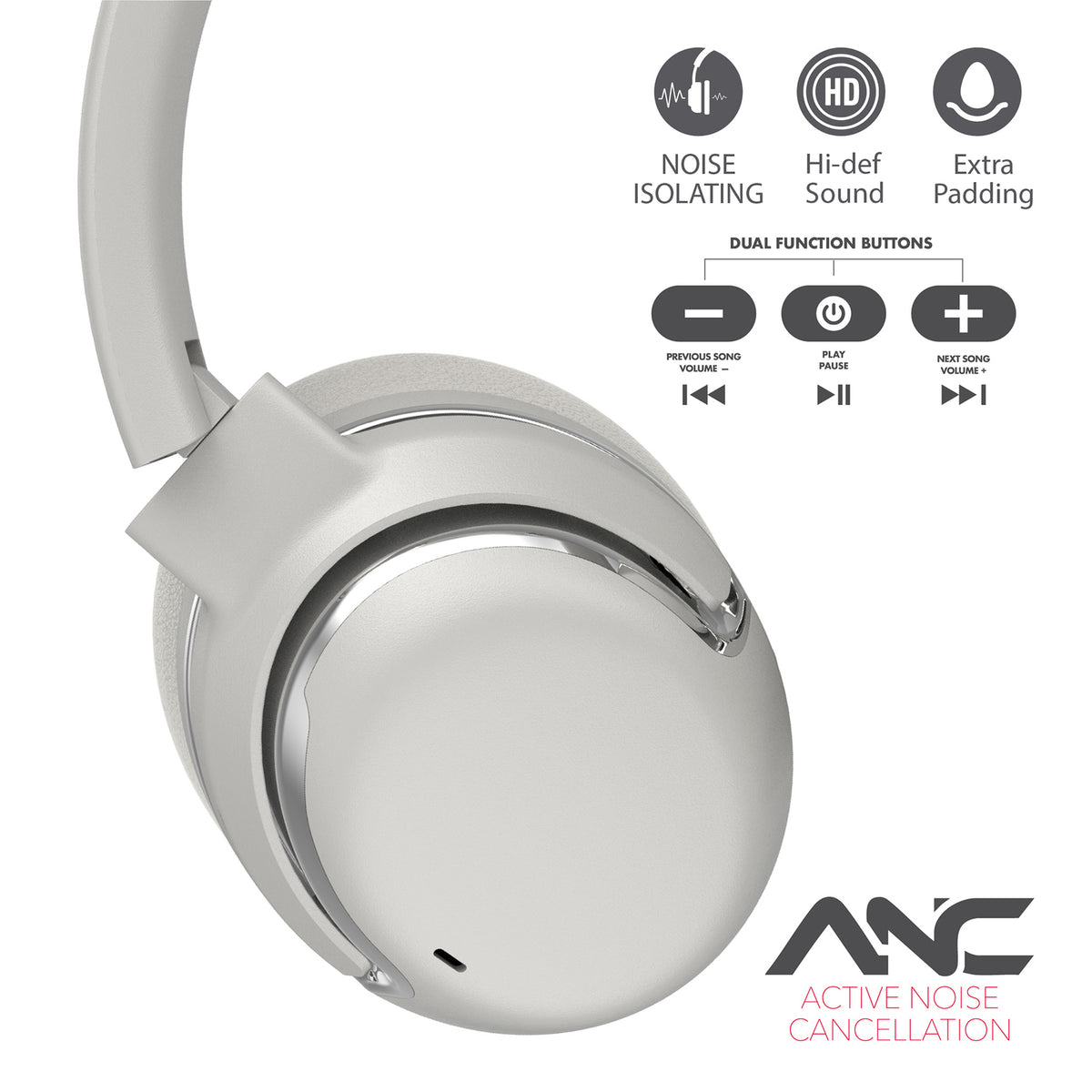 RCA WAVE-76SLV Wireless Bluetooth 5.4 Headphones with Active Noise Cancellation, Silver