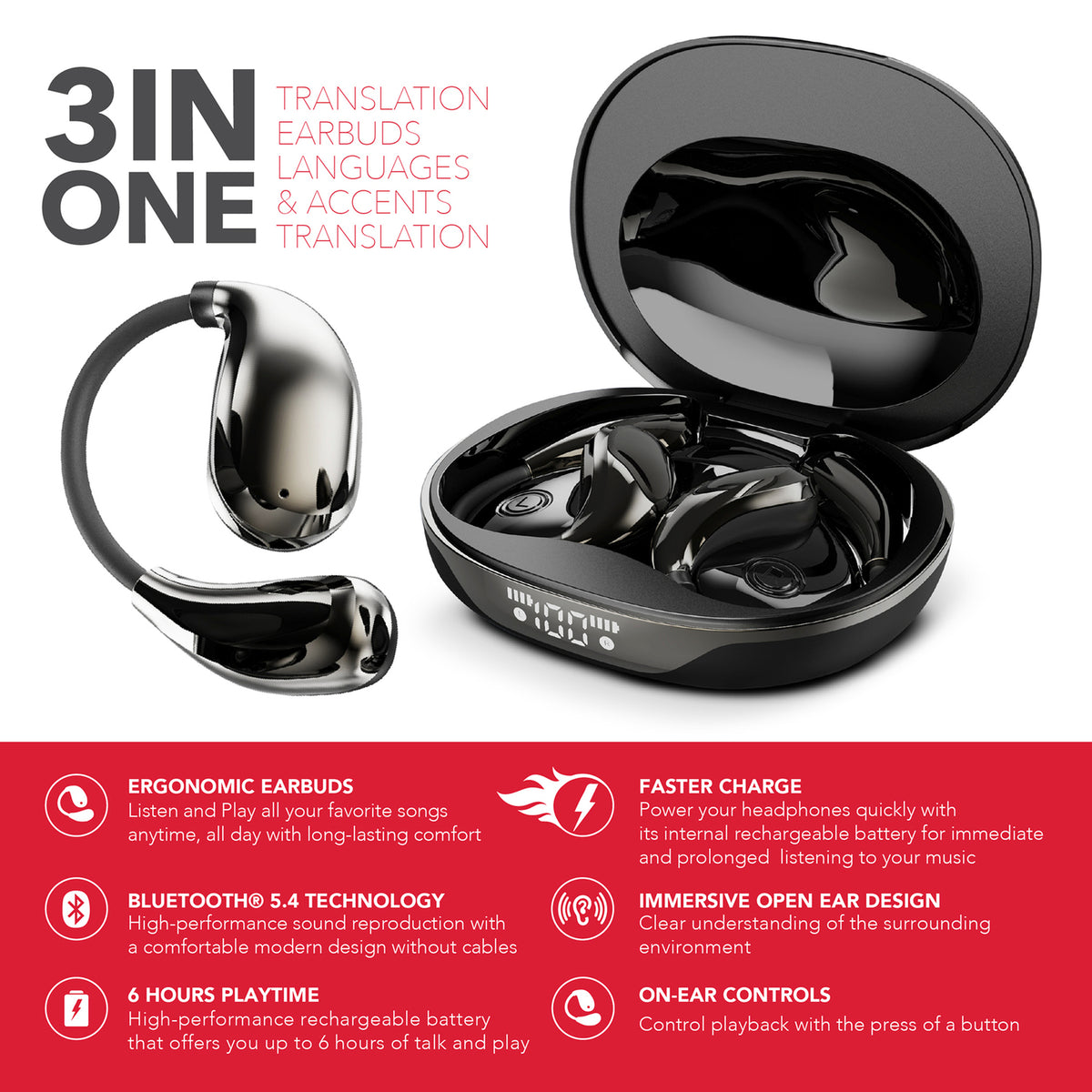 RCA WAVE-88BLK AI Translation Wireless Bluetooth Earbuds, Black