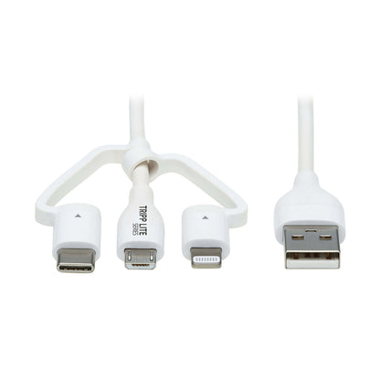 Tripp Lite by Eaton M101AB-004-LMCW Safe-IT 4 ft USB-A to Lightning, Micro-USB and USB-C Charge and Sync Cable