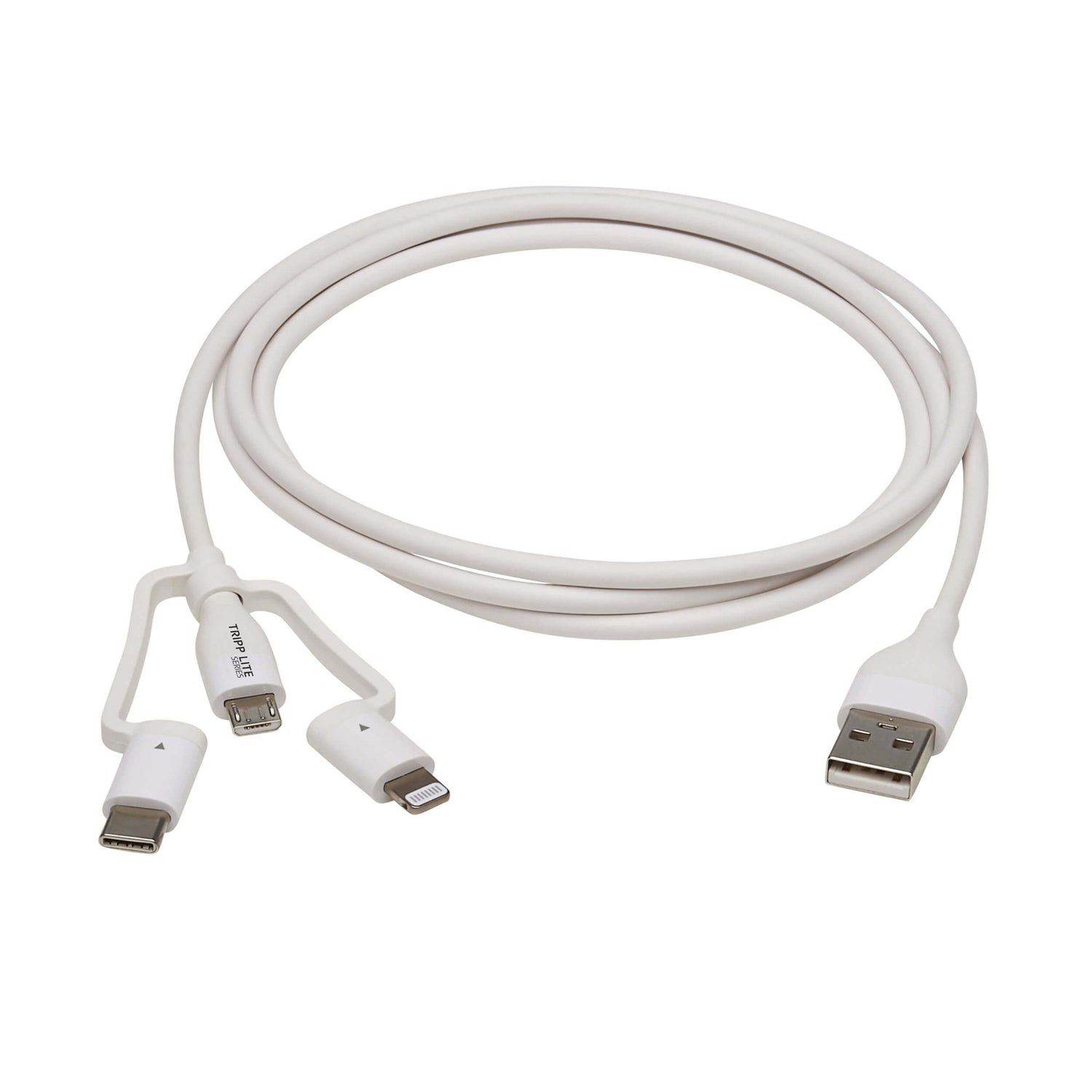 Tripp Lite by Eaton M101AB-004-LMCW Safe-IT 4 ft USB-A to Lightning, Micro-USB and USB-C Charge and Sync Cable