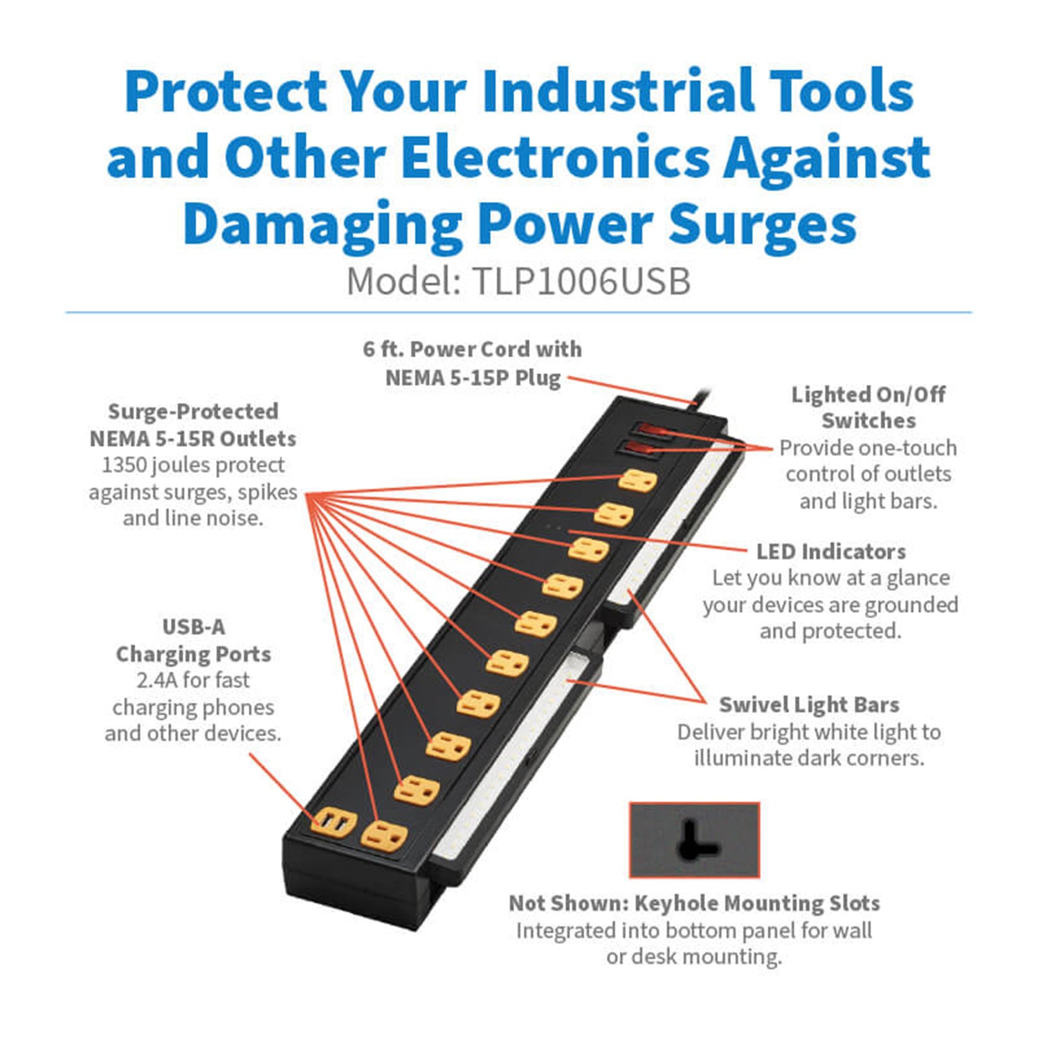 Tripp Lite by Eaton TLP1006USB Protect It! 10-Outlet Surge Protector with USB Charging and LED Light Bars