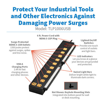 Tripp Lite by Eaton TLP1006USB Protect It! 10-Outlet Surge Protector with USB Charging and LED Light Bars