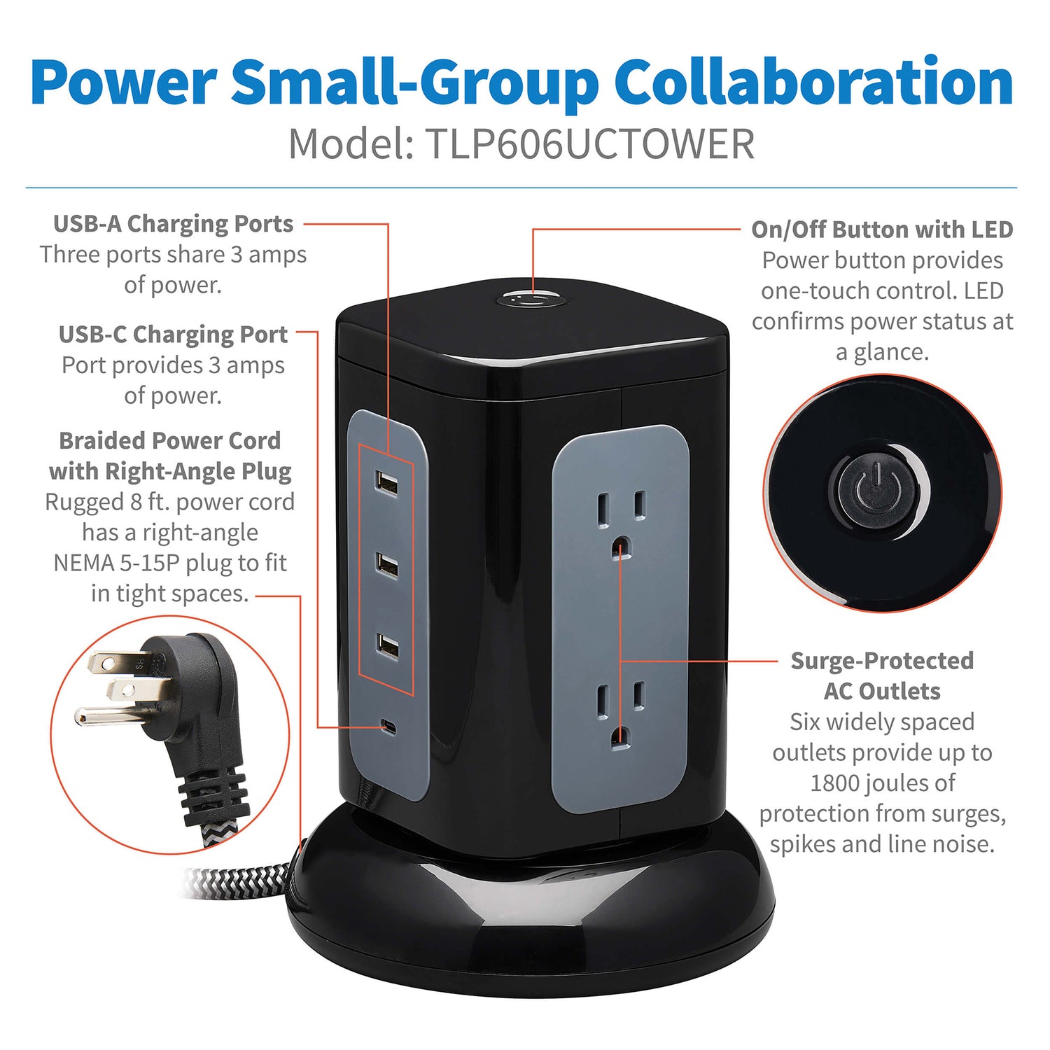 Tripp Lite by Eaton TLP606UCTOWER 6-Outlet Tower Surge Protector with USB-C and USB-A Charging
