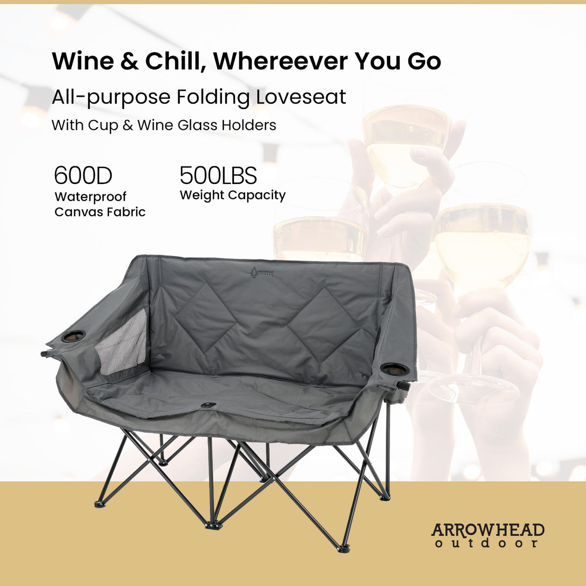 Arrowhead Outdoor KKS0319U Portable Double Camping Chair with Wine Glass Holders