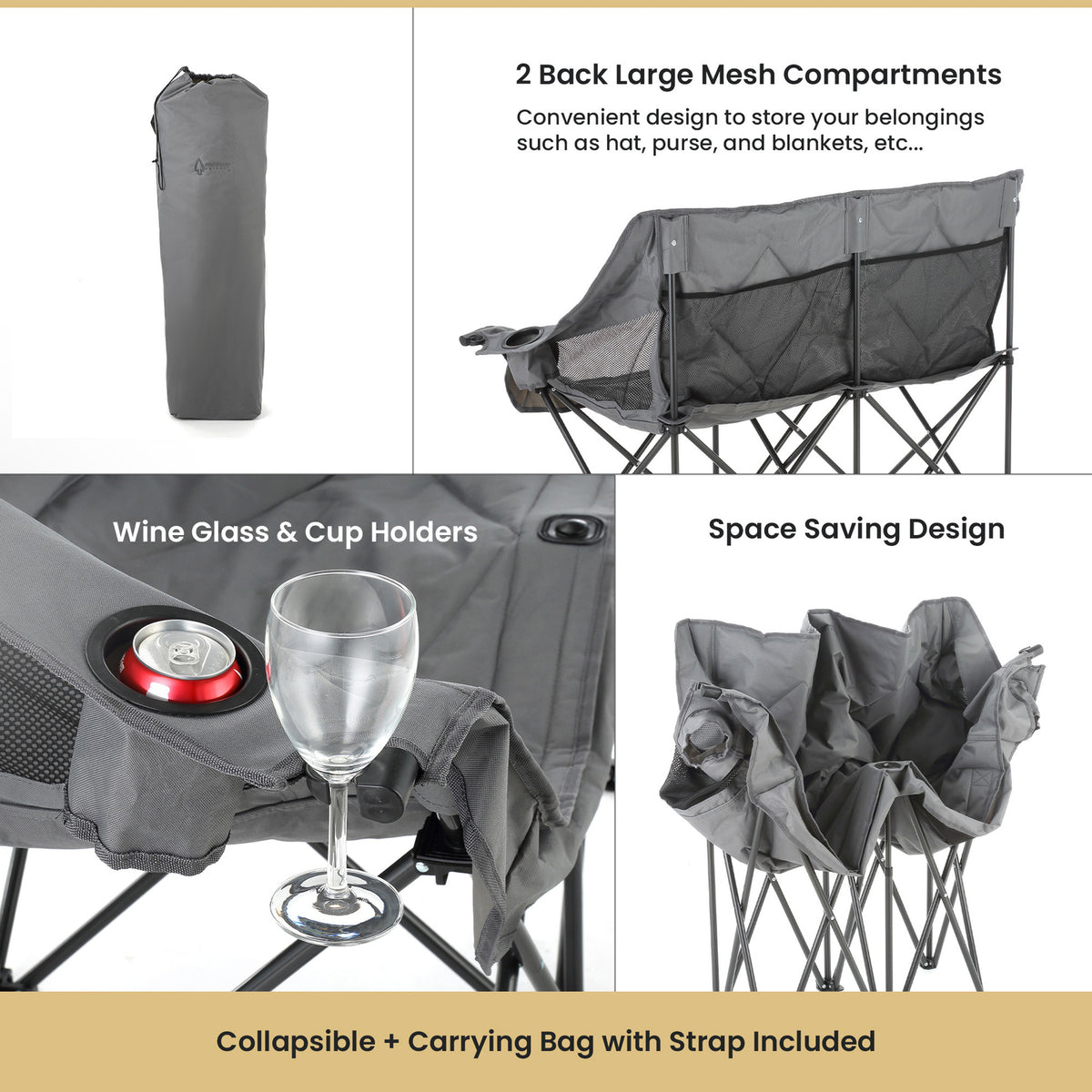 Arrowhead Outdoor KKS0319U Portable Double Camping Chair with Wine Glass Holders
