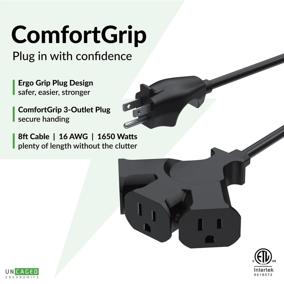 Uncaged Ergonomics Comfort Grip Extension Cord, 8-Foot, 3-Outlet Grounded Plug, Black, CGEC-8-BLACK