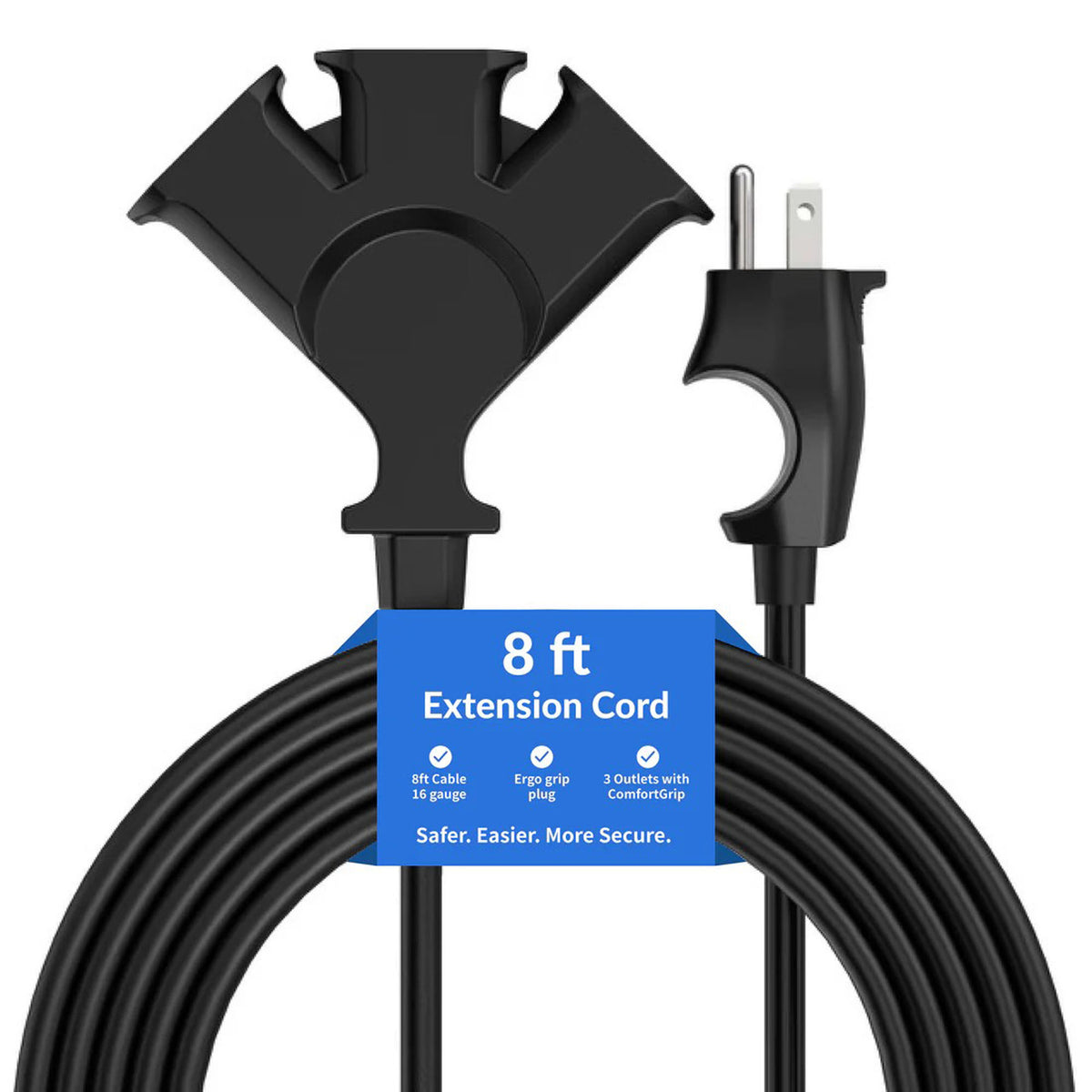 Uncaged Ergonomics Comfort Grip Extension Cord, 8-Foot, 3-Outlet Grounded Plug, Black, CGEC-8-BLACK