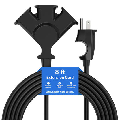 Uncaged Ergonomics Comfort Grip Extension Cord, 8-Foot, 3-Outlet Grounded Plug, Black, CGEC-8-BLACK