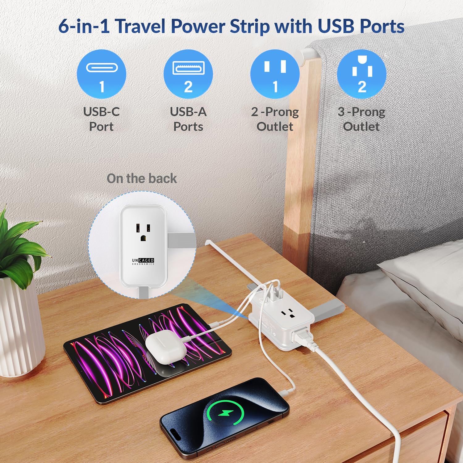 UNCAGED ERGONOMICS TRAVEL Power Strip White (Part Number: TC-WHITE)
