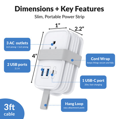 UNCAGED ERGONOMICS TRAVEL Power Strip White (Part Number: TC-WHITE)