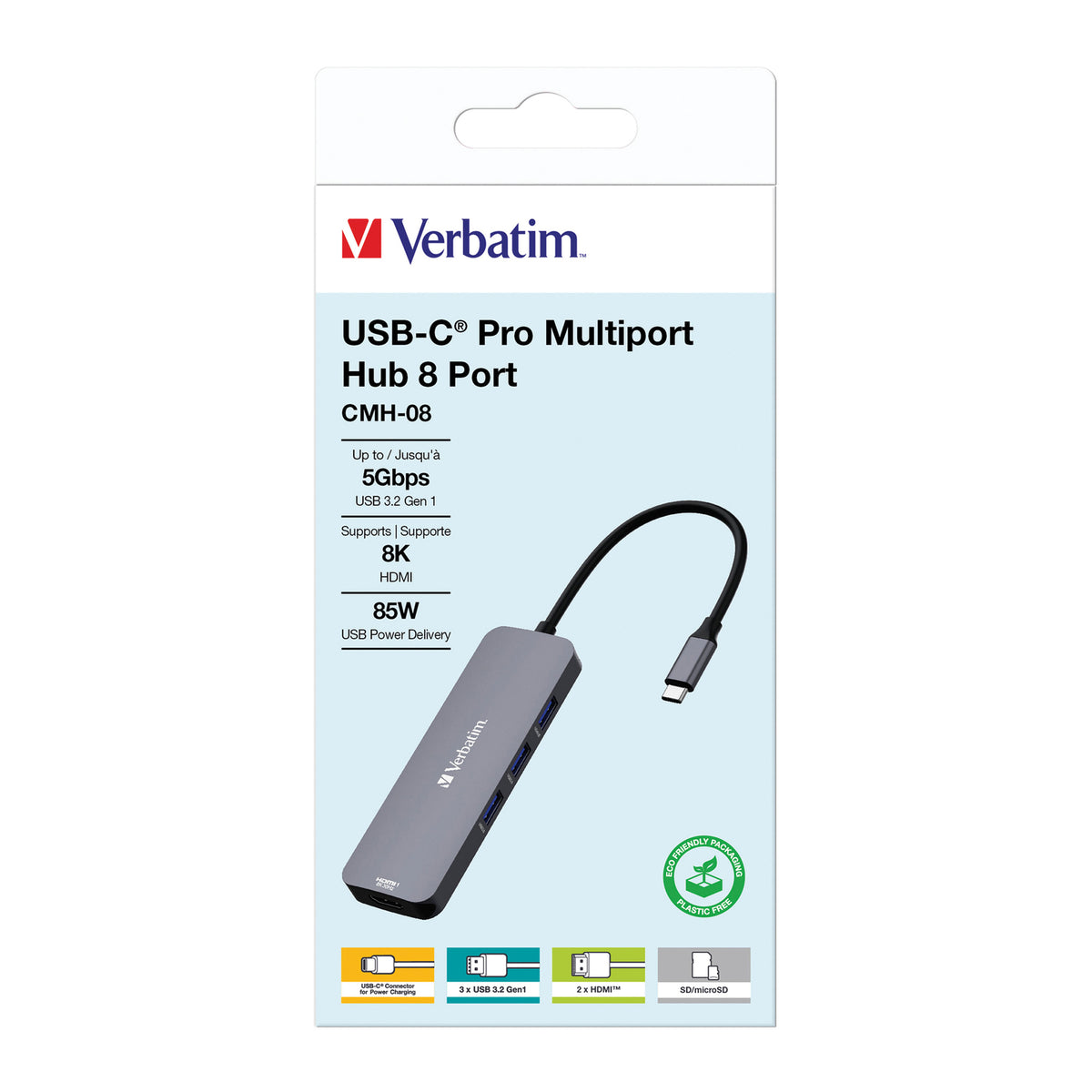 Verbatim 32151 8-Port USB-C Pro Hub with Dual HDMI, USB-A, SD, microSD, and USB-C PD