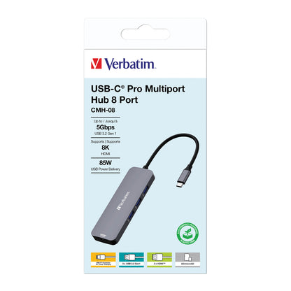 Verbatim 32151 8-Port USB-C Pro Hub with Dual HDMI, USB-A, SD, microSD, and USB-C PD