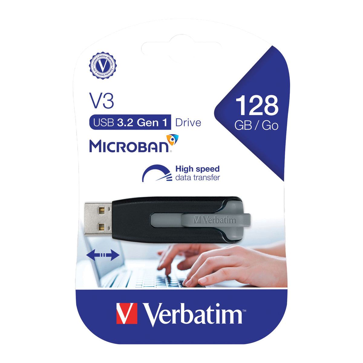 Verbatim 49189 128GB Store 'n' Go V3 USB Flash Drive, Gray