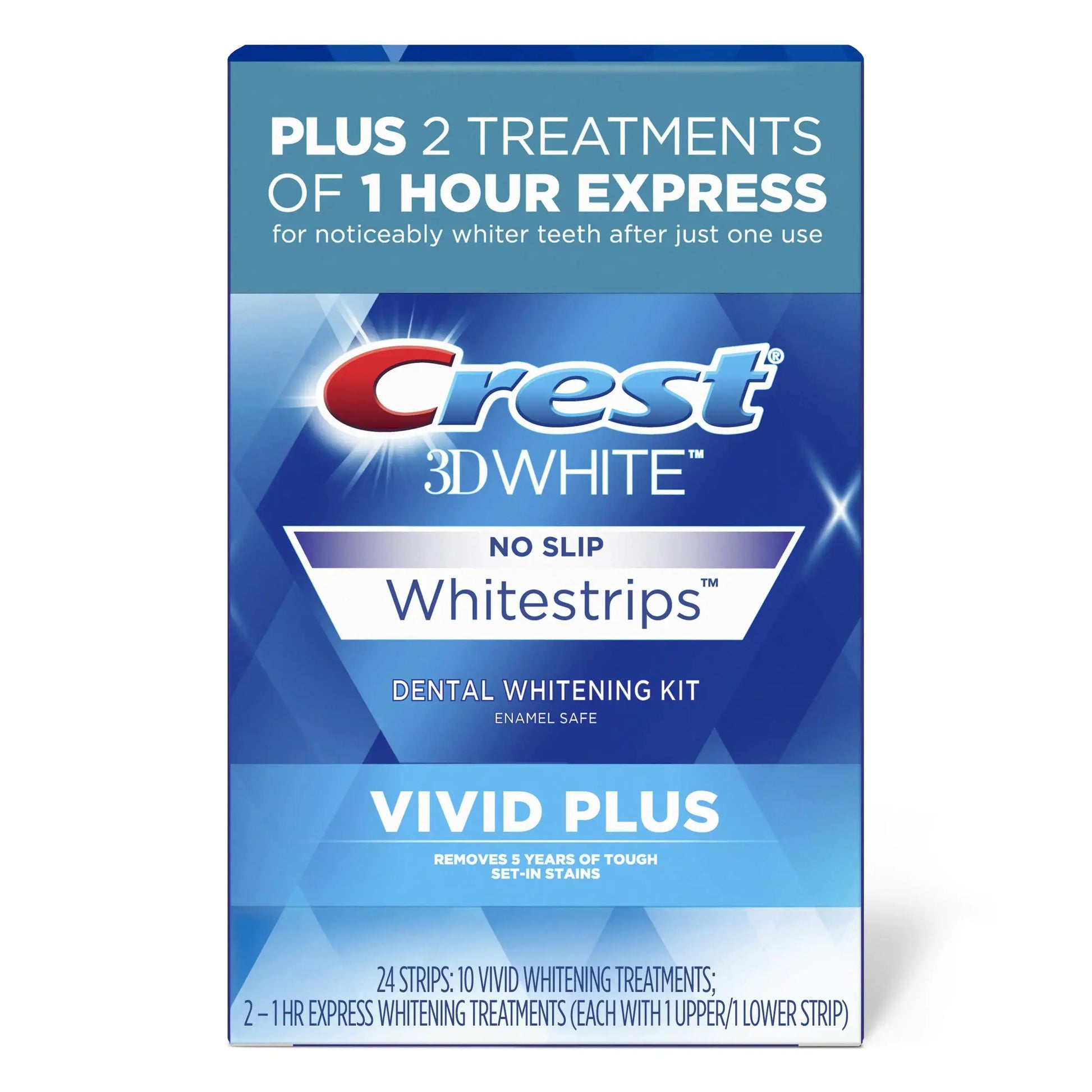 Crest 3DWhitestrips Vivid Plus Whitestrips 3D White 10 Treatments + 1 Hour Express 2 Treatments Teeth Whitening Kit 8 Levels Whiter Crest Teeth Whitening Strips Atticus Goods