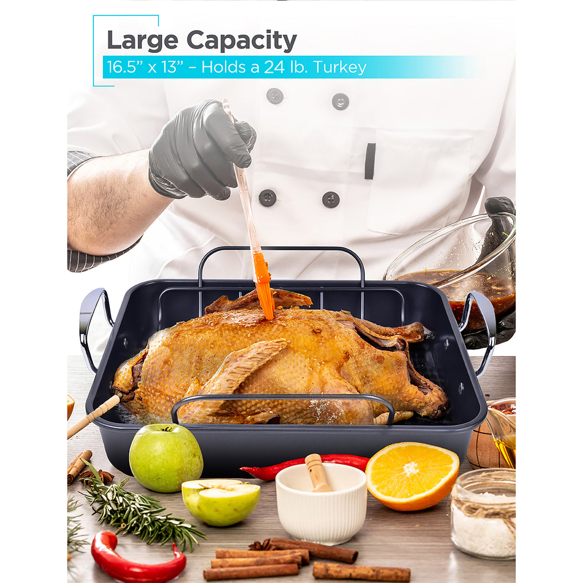 BLACK+DECKER BDK400B Large Carbon Steel Turkey Roasting Pan with Rack
