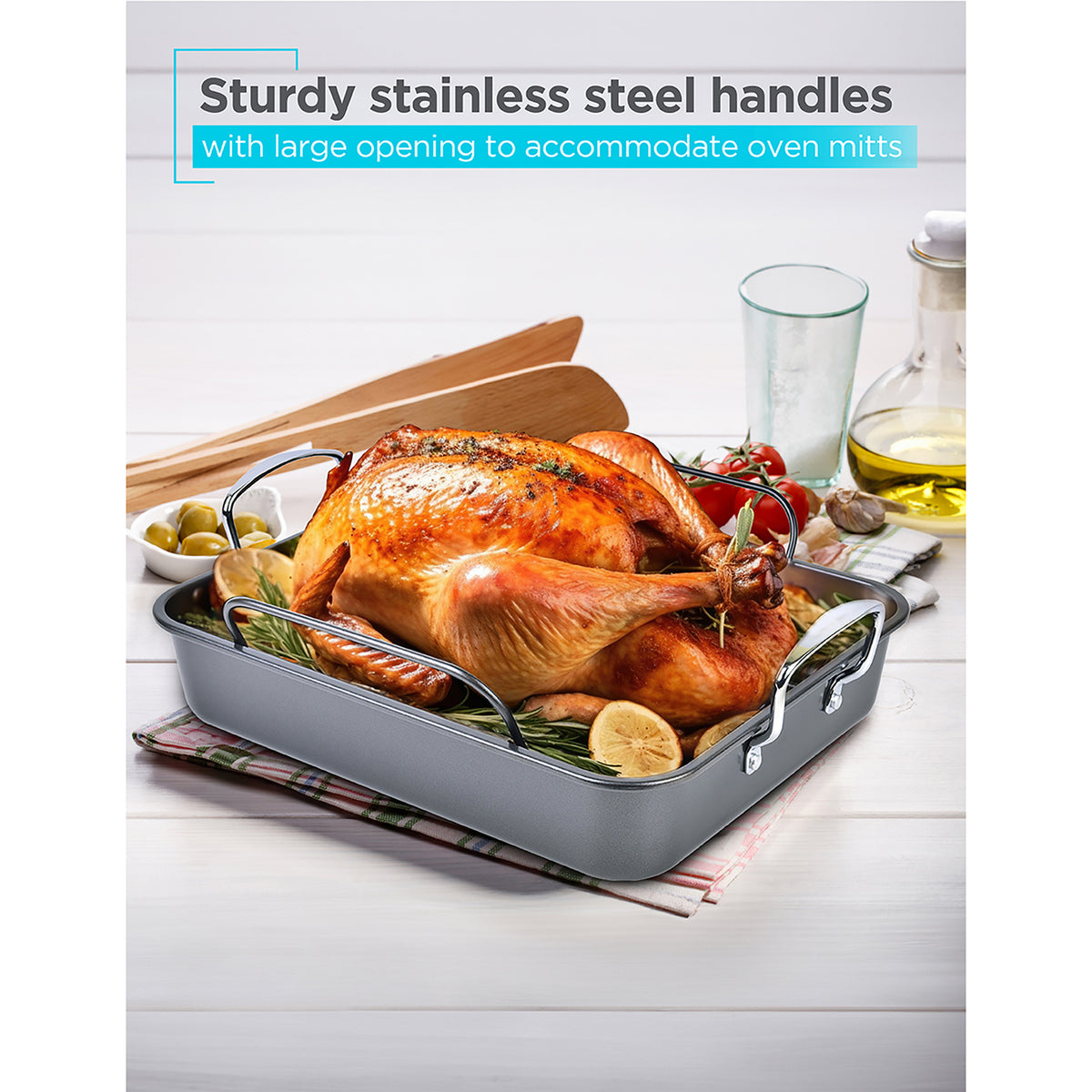 BLACK+DECKER BDK400B Large Carbon Steel Turkey Roasting Pan with Rack