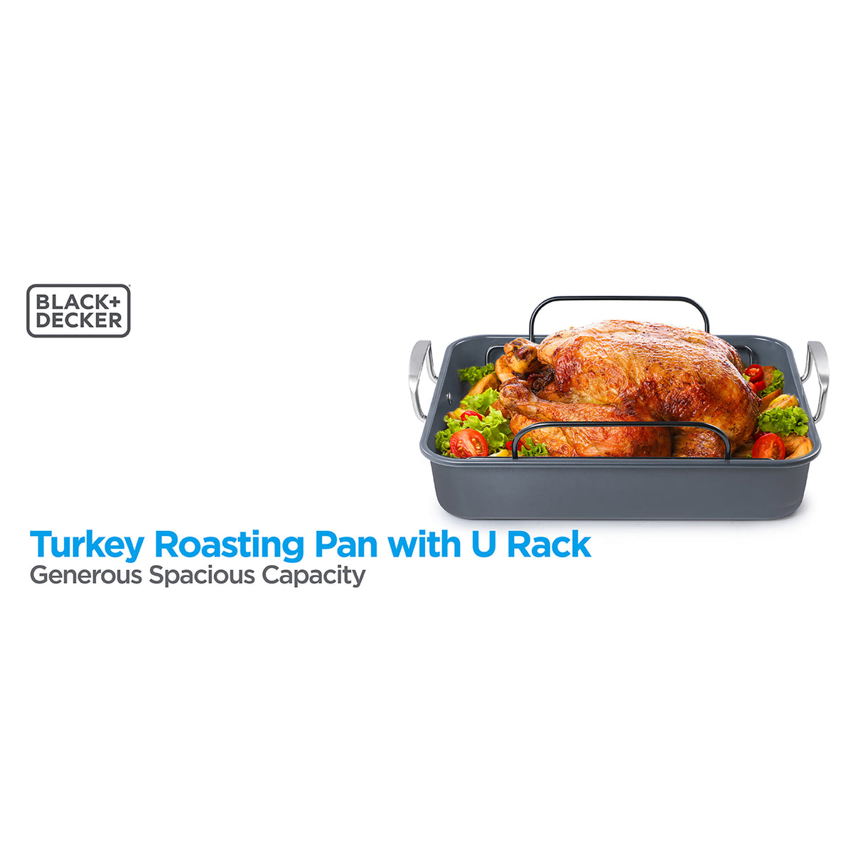 BLACK+DECKER BDK400B Large Carbon Steel Turkey Roasting Pan with Rack