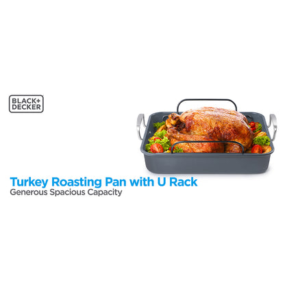 BLACK+DECKER BDK400B Large Carbon Steel Turkey Roasting Pan with Rack