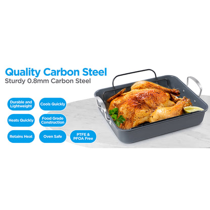 BLACK+DECKER BDK400B Large Carbon Steel Turkey Roasting Pan with Rack