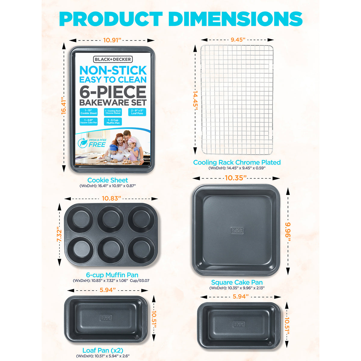 BLACK+DECKER BDK401B 6-Piece Carbon Steel Bakeware Set with Nonstick Coating