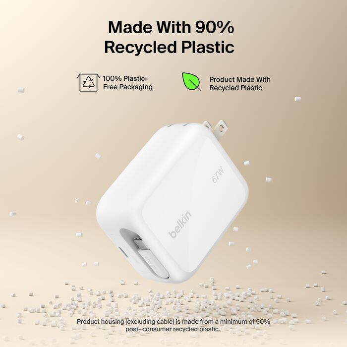 Belkin UltraCharge Retractable GaN Wall Charger 67W – Portable USB-C Fast Charger for Apple, Dell, and More