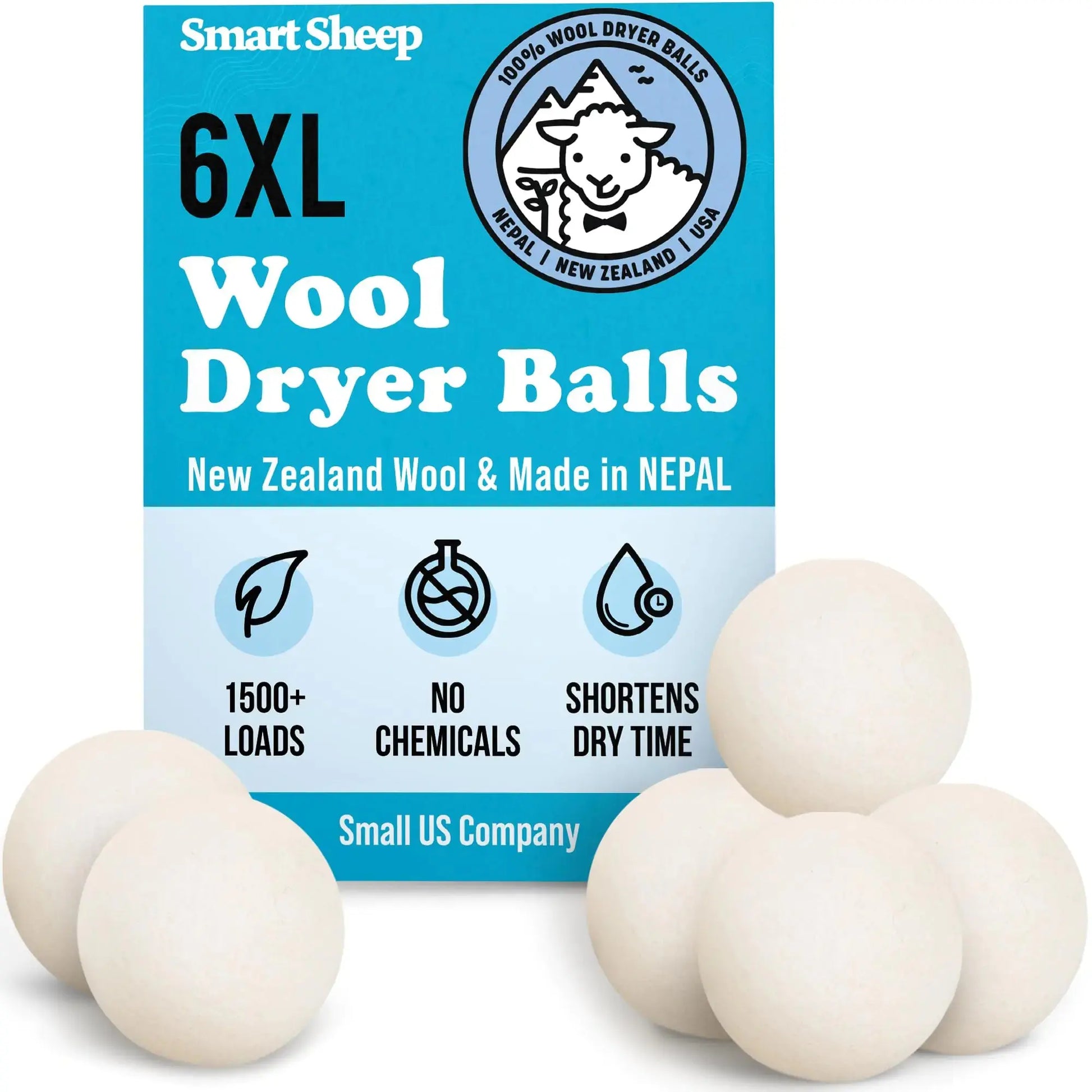 Smart Sheep Wool Dryer Balls - 6-Pack - XL Premium Natural Fabric Softener Award-Winning - Wool Balls Replaces Dryer Sheets - Wool Balls for Dryer - Laundry Balls for Dryer Atticus Goods