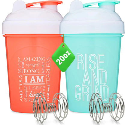 [2 Pack] 20-Ounce Shaker Bottle with Motivational Quotes (Coral & Mint) | Protein Shaker Bottle with 2x Wire Mixers | Blender Shaker Bottle for Protein Mixes Pack is BPA Free and Dishwasher Safe Atticus Goods